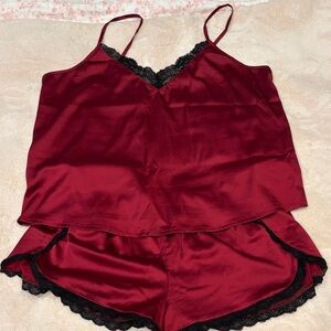 Women's Satin Lace Trim Sleepwear Set - Burgundy L